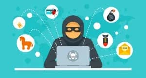 Illustration of a person in dark clothing using a laptop, surrounded by icons of cyber threats like viruses, trojans, bugs, and phishing emails.