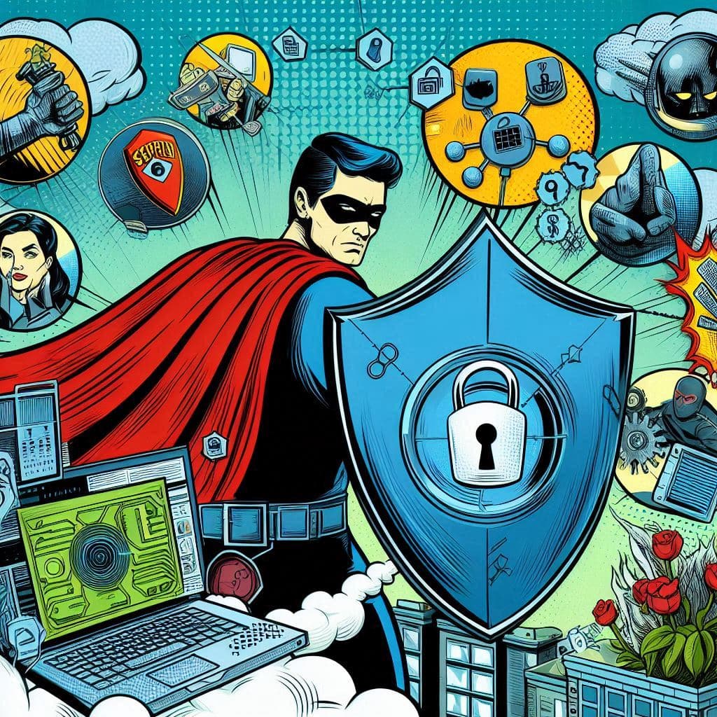Comic-style illustration of a superhero standing in front of a shield with a lock, surrounded by cybersecurity icons like laptops, padlocks, and network diagrams.