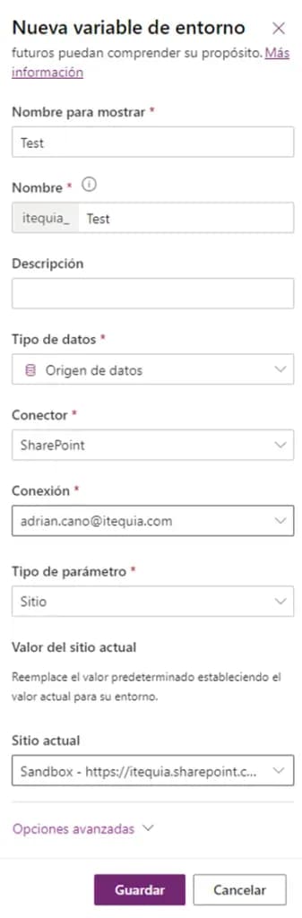 Power Apps form for creating a new environment variable, showing fields for display name, name, description, data type, and connector selection