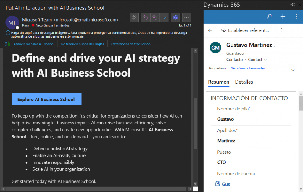 Dynamics 365 Activities section in Spanish displaying a list of tasks with type, subject, priority, and dates.