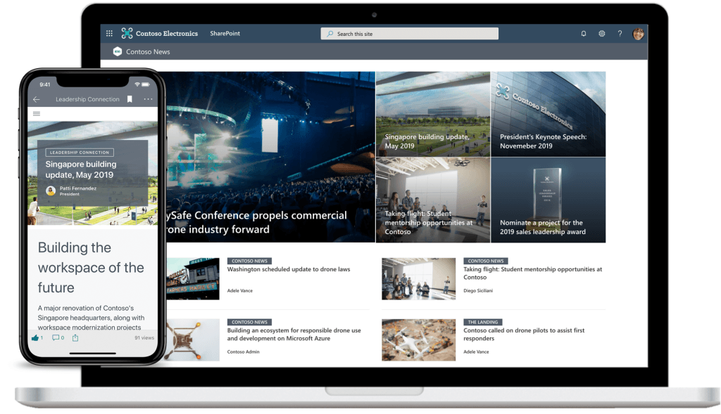 Laptop and smartphone displaying a SharePoint intranet interface for Contoso Electronics, featuring company news and updates across devices.