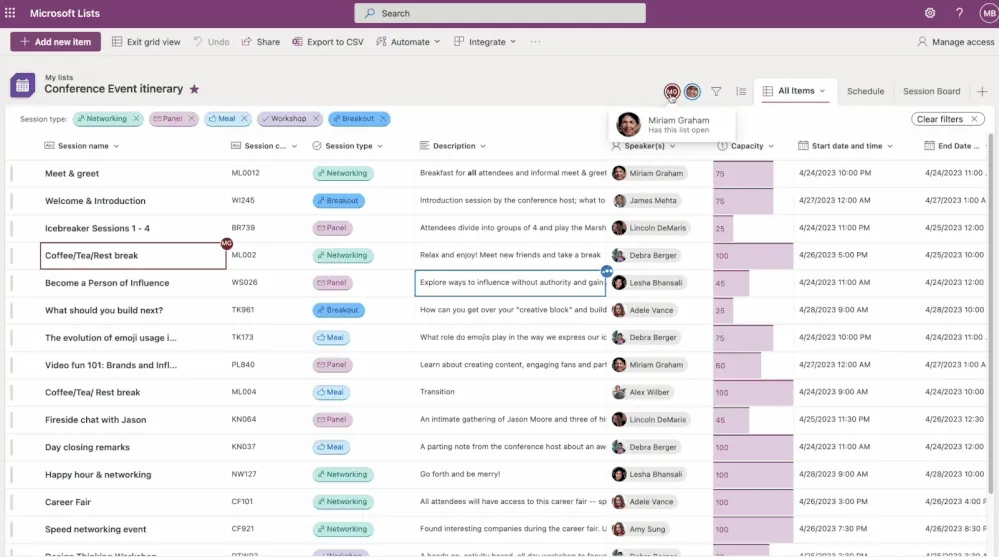 Desktop view of the 'Conference Event Itinerary' list showing session details including capacity, start and end times, and speaker information.