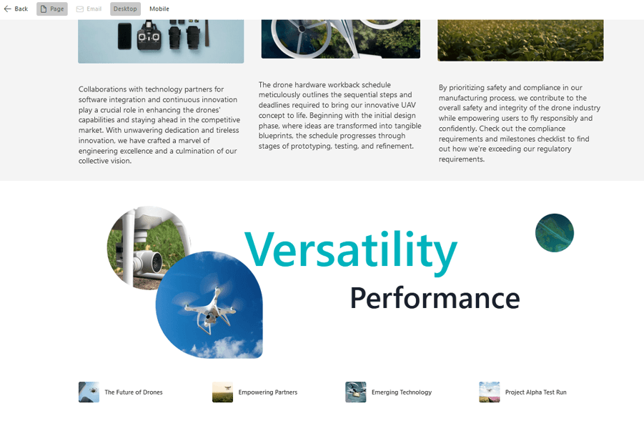 Preview of a SharePoint page using flexible sections to display organized content with images and text.