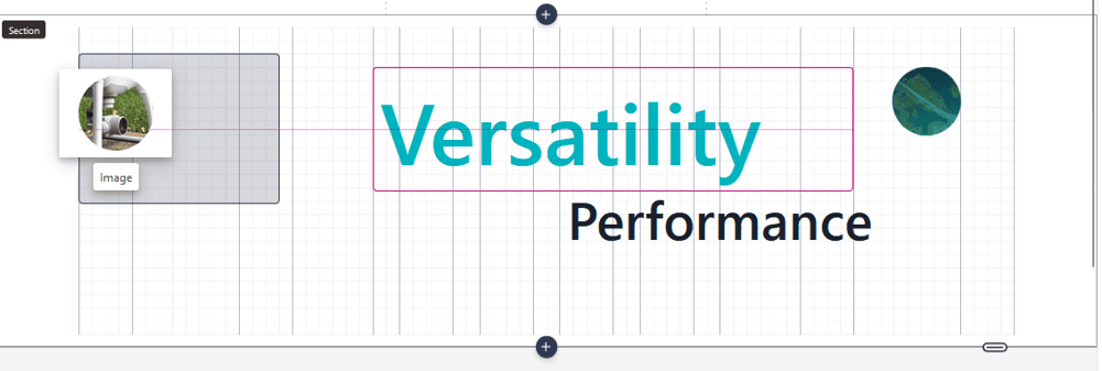 Design interface with grid layout arranging images and text labeled 'Versatility' and 'Performance' using flexible sections.