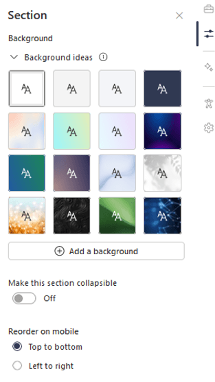 SharePoint section settings panel with options for background colors, collapsible sections, and mobile content reordering.