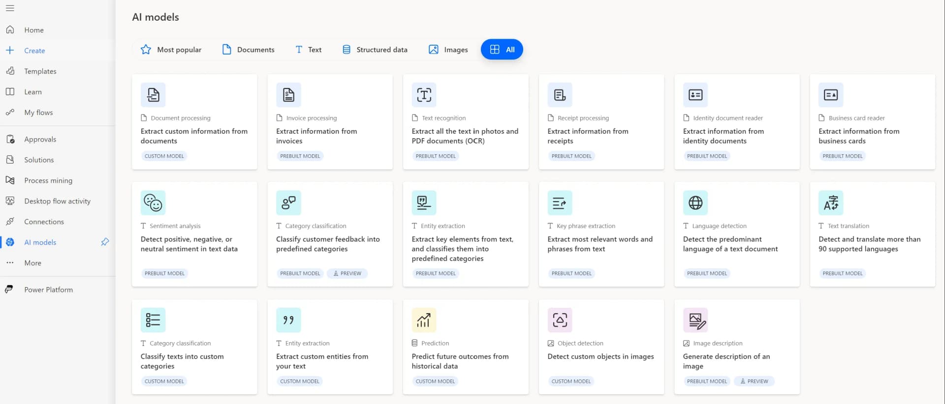 AI Builder dashboard showing a list of prebuilt and custom models for tasks like document processing, sentiment analysis, and object detection.