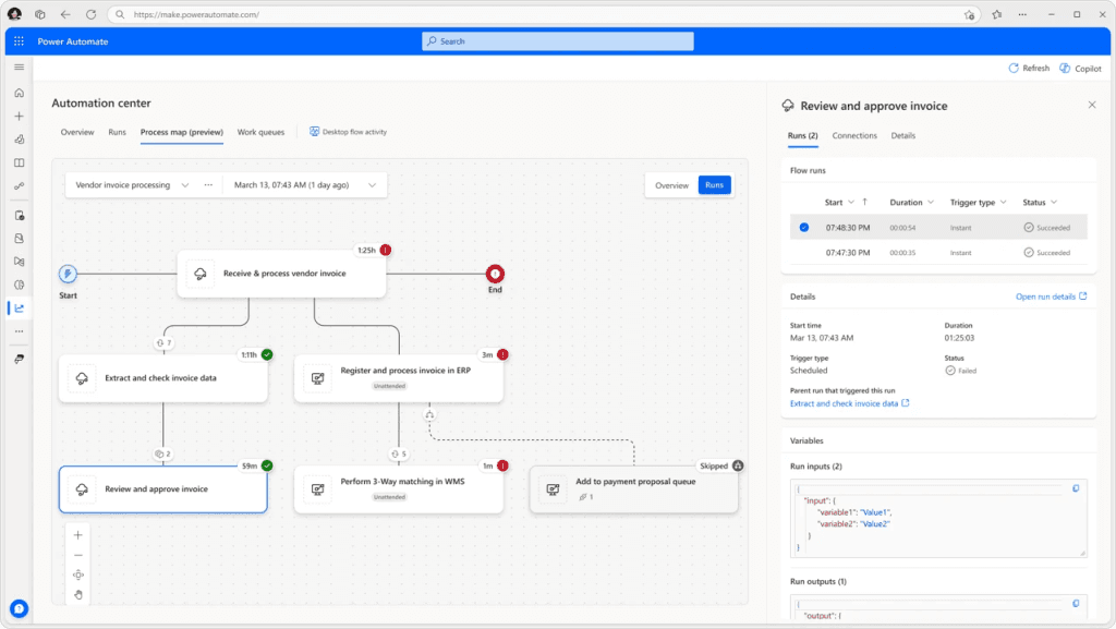 Power Automate Automation Center interface showing a detailed process map for 'Vendor invoice processing' with step-by-step flow and execution details.