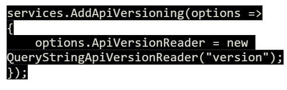 Code snippet configuring media type-based API versioning in .NET using MediaTypeApiVersionReader.