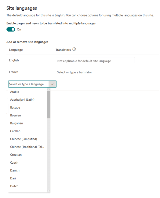 Screenshot of SharePoint translation settings with options to create page copies in English, French, and Italian manually or automatically.