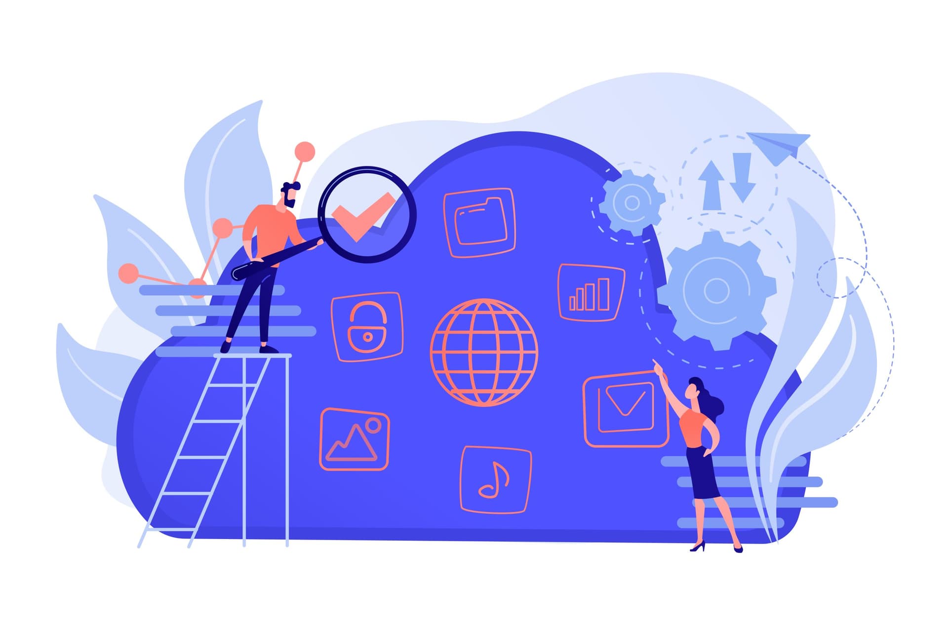 Illustration of two people interacting with cloud computing and AI icons, including a globe, lock, bar chart, gears, and media symbols, representing digital transformation.