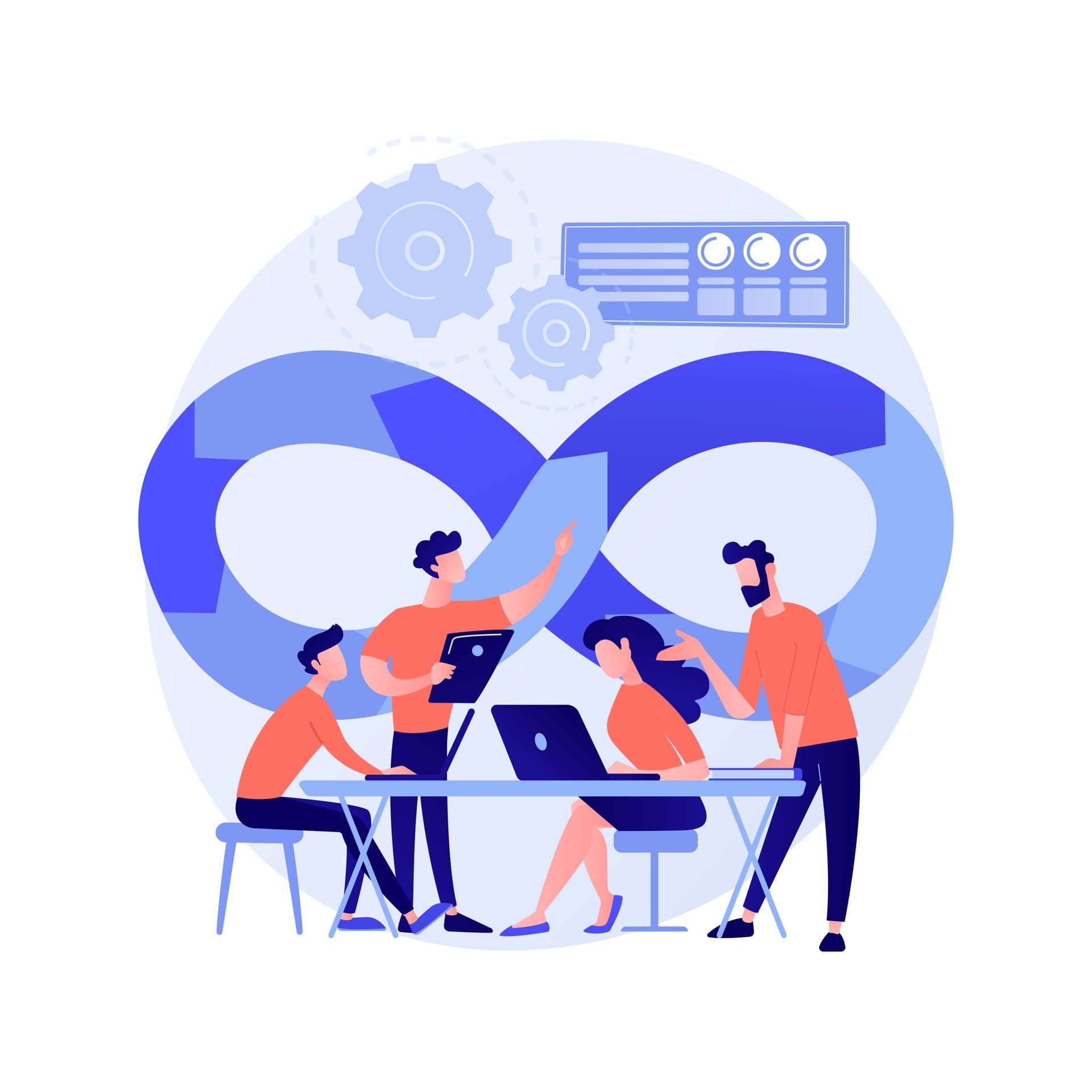 Illustration of collaborative data work with dashboard, infinity loop and automation icons representing integration between Microsoft Fabric and Power BI