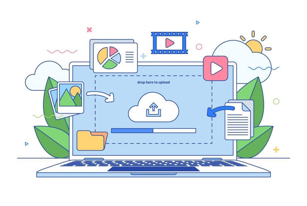 Laptop illustration with file icons uploading to the cloud, symbolizing secure cloud storage and management.