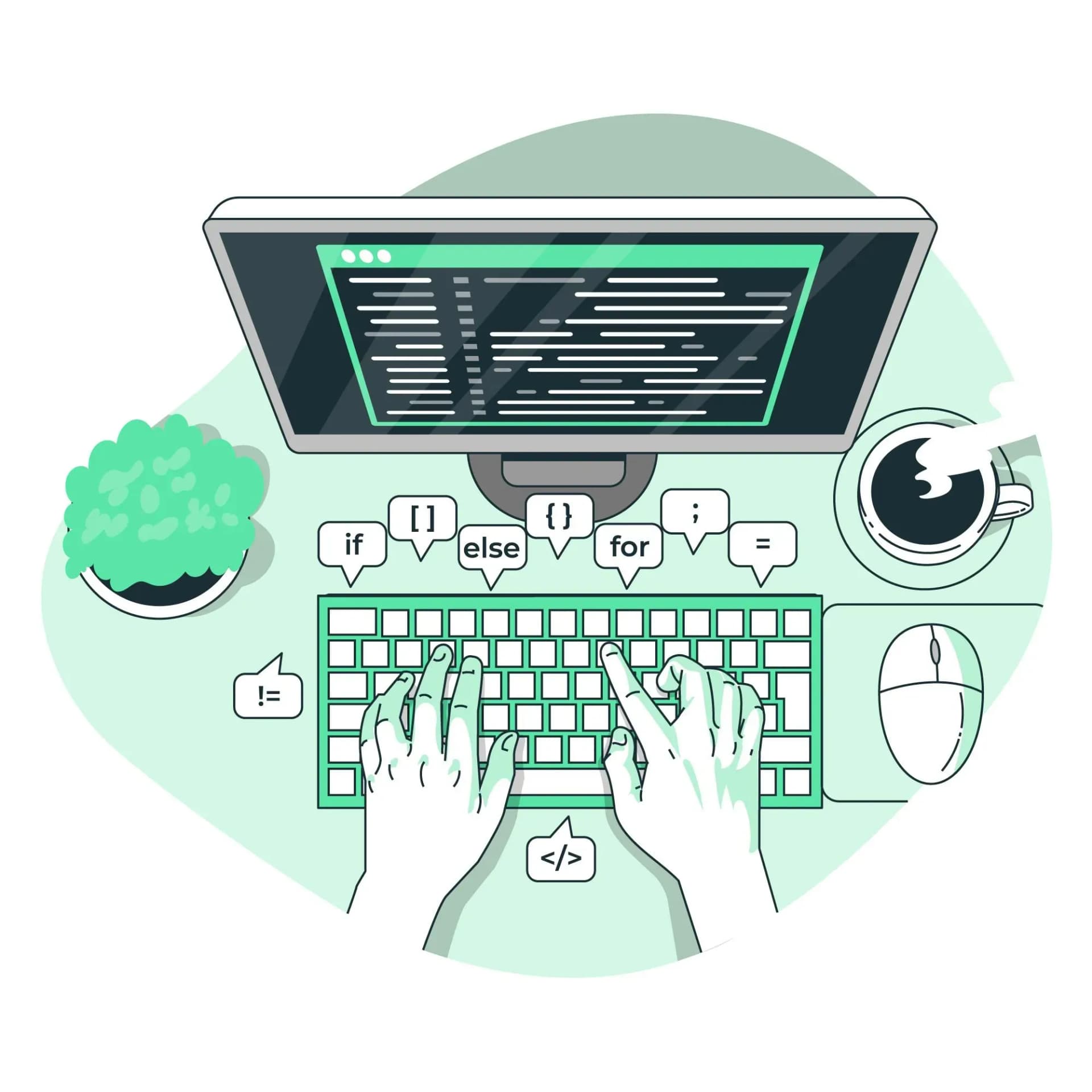 Workspace with a computer displaying code, representing clean coding practices and the importance of meaningful naming in software development.