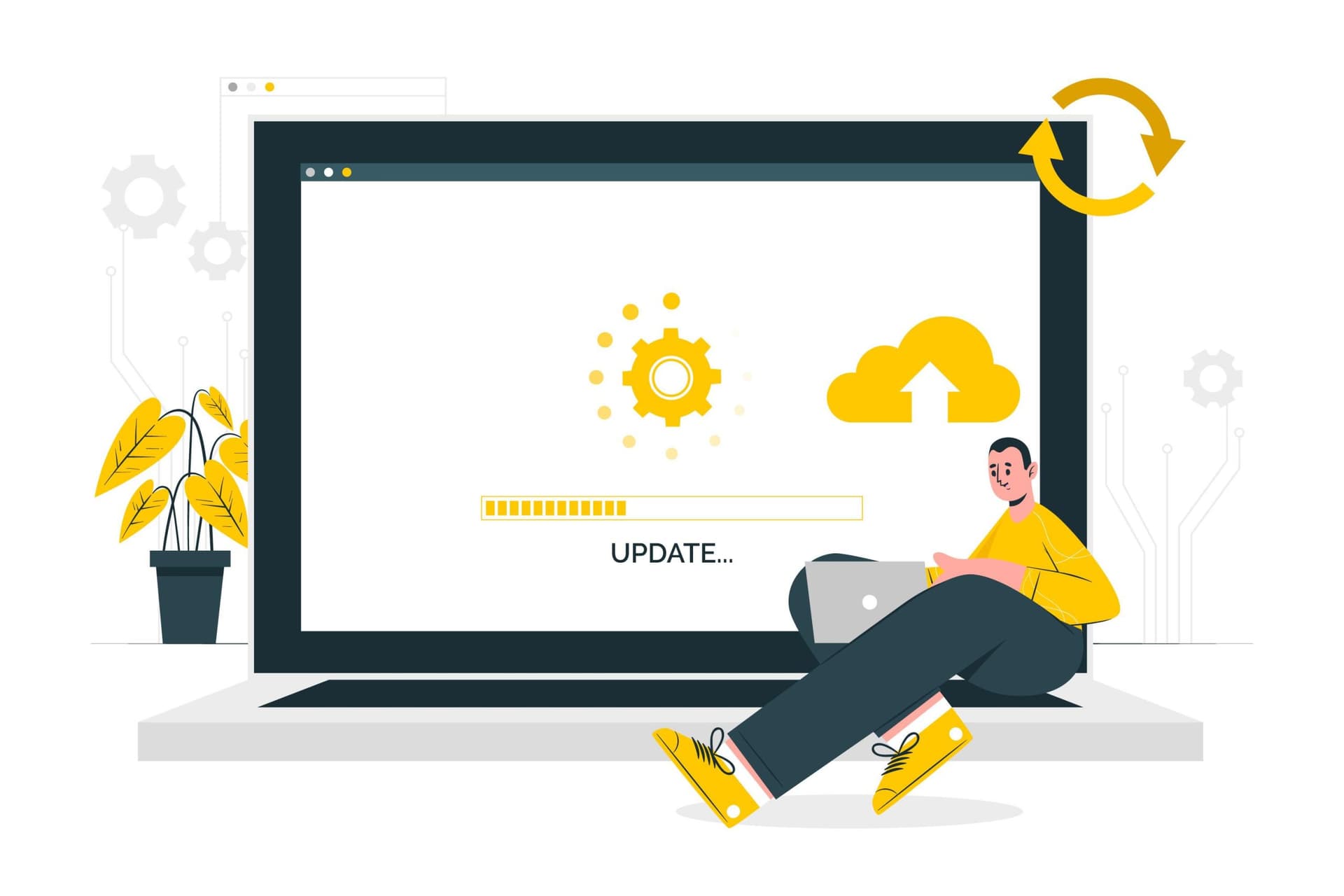 User updating software on laptop with cloud sync interface