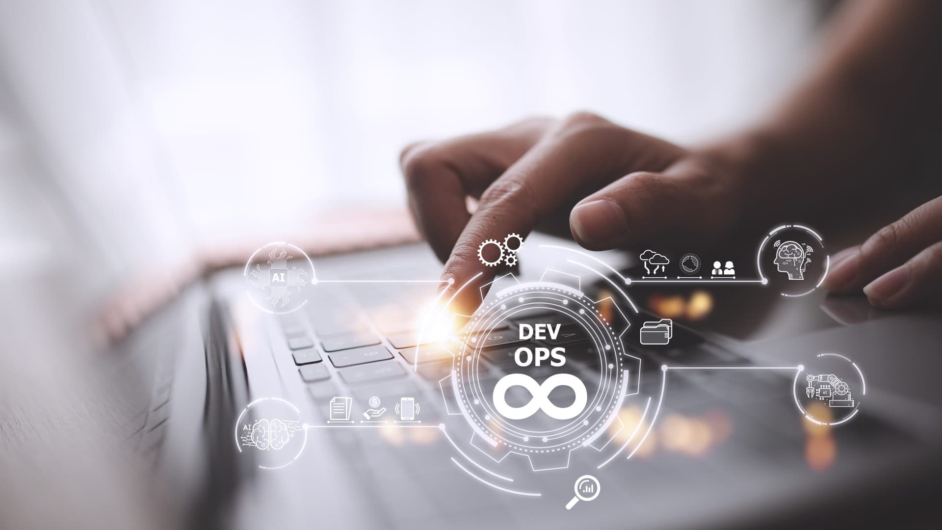 Hands typing on a laptop with DevOps-related icons overlaid, illustrating concepts like AI, cloud computing, and continuous integration.