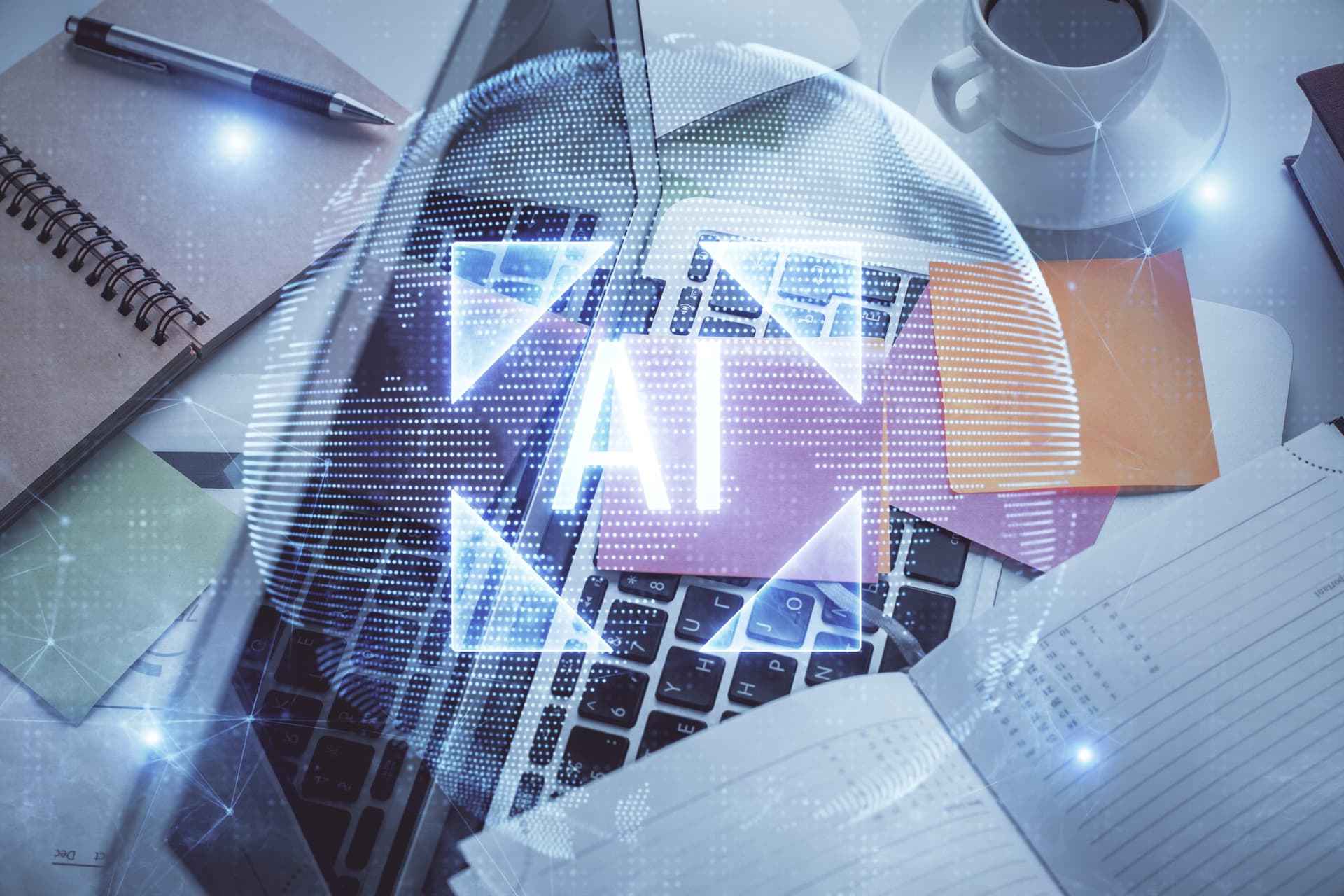 Digital illustration of AI technology over a work desk with laptop, notebooks, pen, sticky notes, and coffee cup.