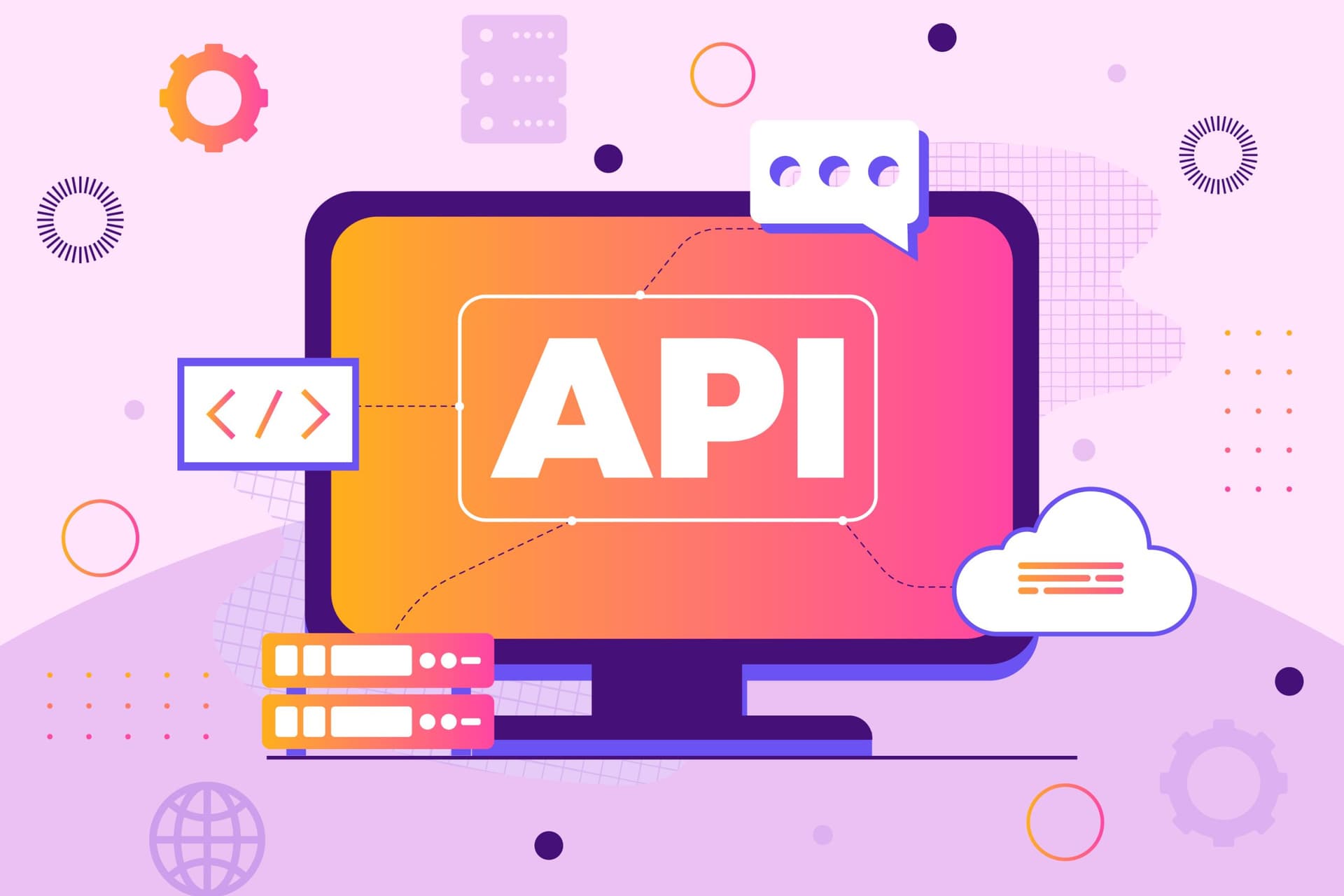 Computer monitor displaying 'API' surrounded by icons representing coding, cloud storage, and data servers.