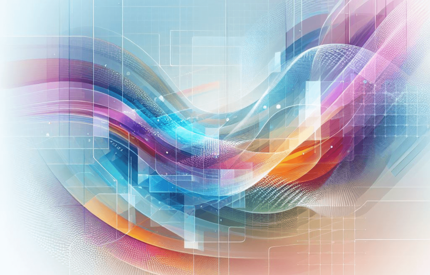 Abstract digital artwork with colorful waves and geometric shapes, symbolizing technology and digital transformation. Features vibrant hues and translucent squares over a light grid background.