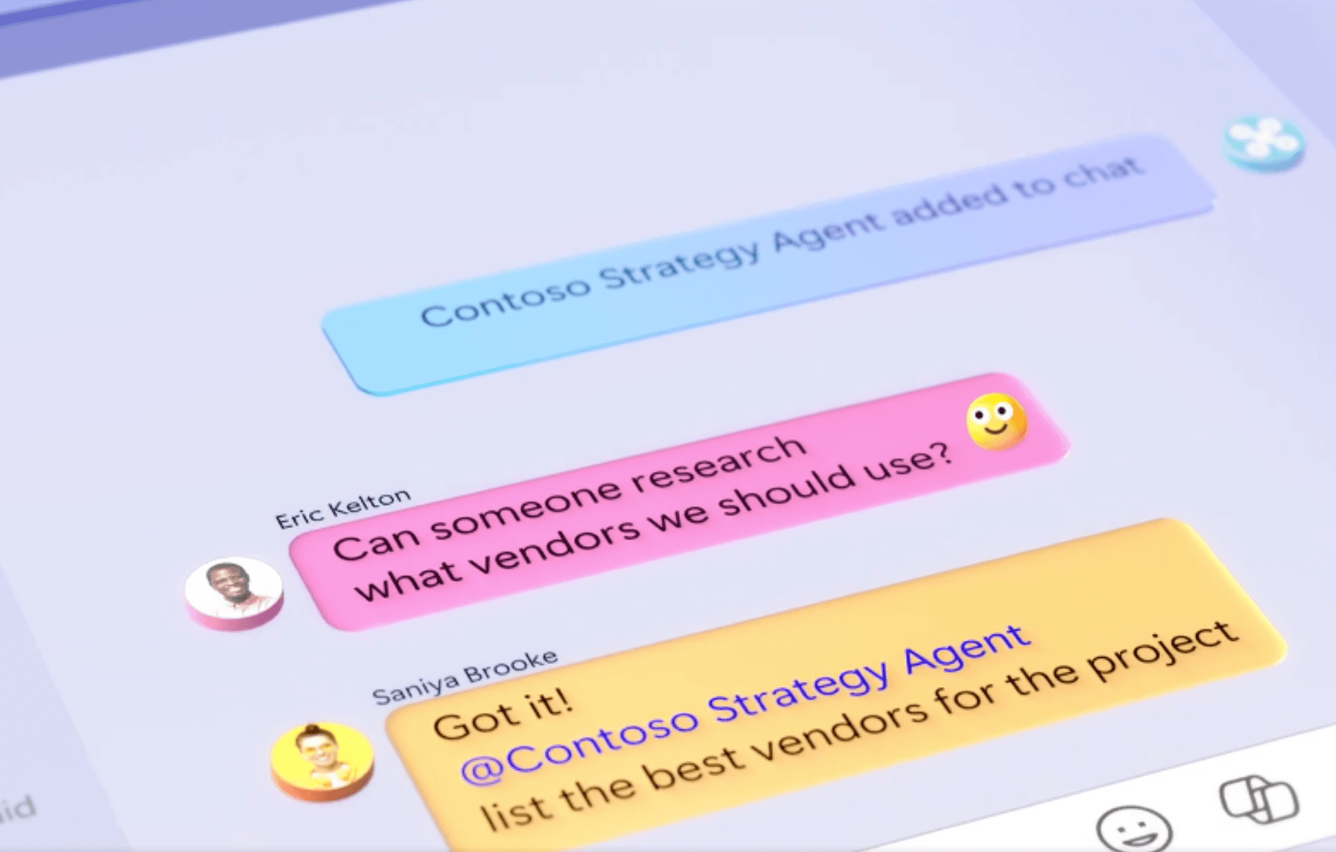 Chat interface showing Contoso Strategy Agents assisting team members with vendor research. Includes messages from Eric Hahn and Sophie Beaker requesting and confirming agent support.