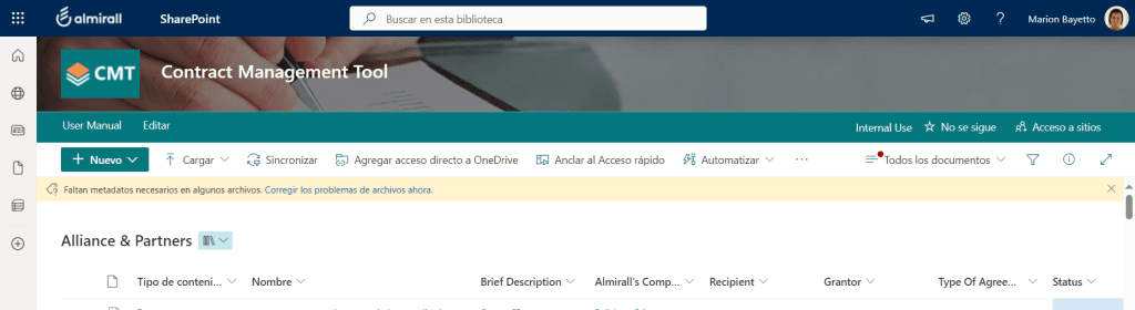 Screenshot of Almirall's SharePoint Online interface for contract management, showing agreement details and automation options.