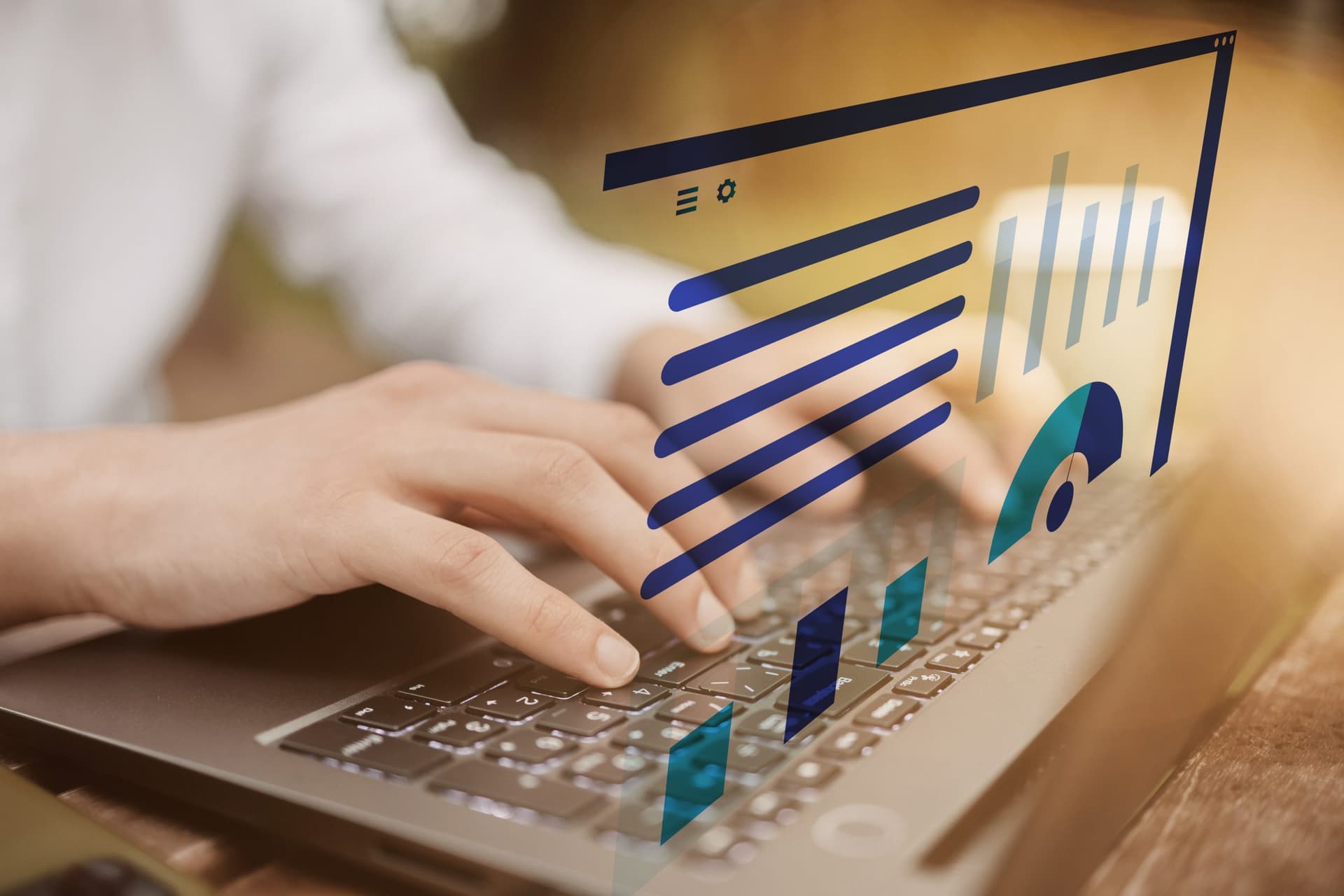 Hands typing on a laptop with overlaid digital graphs and charts, illustrating the use of technology in analyzing user experience data.