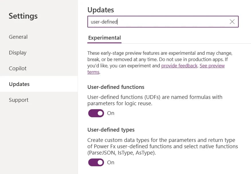 Power Apps settings menu highlighting experimental features for user-defined functions and types.