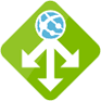 Icon with three arrows radiating from a globe on a green diamond background, representing traffic distribution and load balancing.