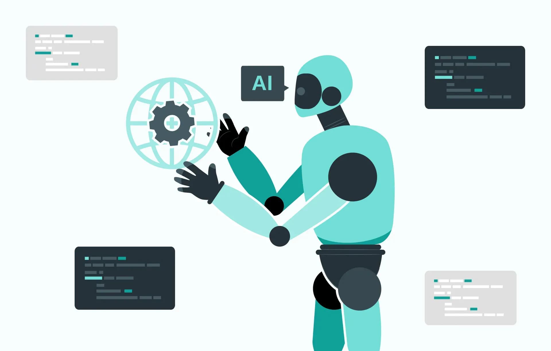Illustration of a robot interacting with code snippets and an AI speech bubble, symbolizing the integration of artificial intelligence and low-code tools in IT innovation.