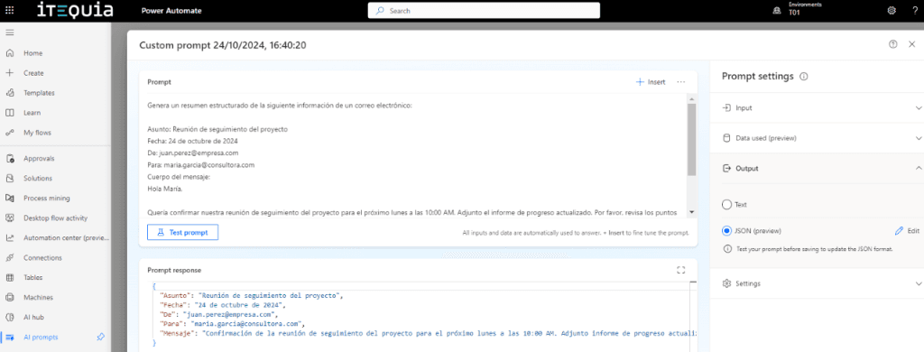 Automatiza y Mejora la Eficiencia con IA Generativa en Power Automate prompt settings json