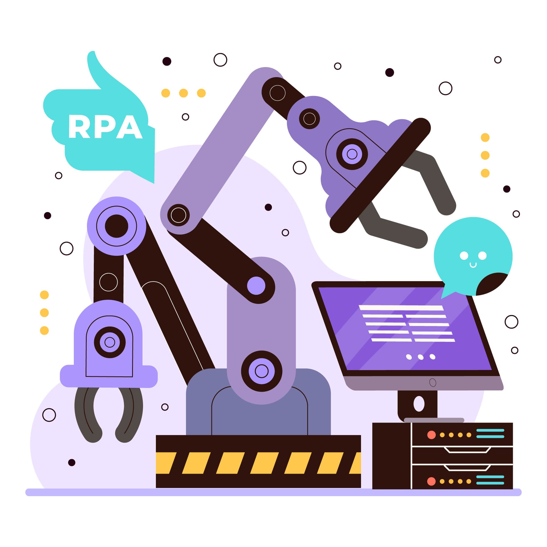 Robotic arm next to a computer screen, symbolizing Robotic Process Automation (RPA) in industrial environments.