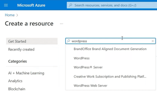 Screenshot of Azure portal showing “wordpress” typed into the search bar under “Create a resource.”