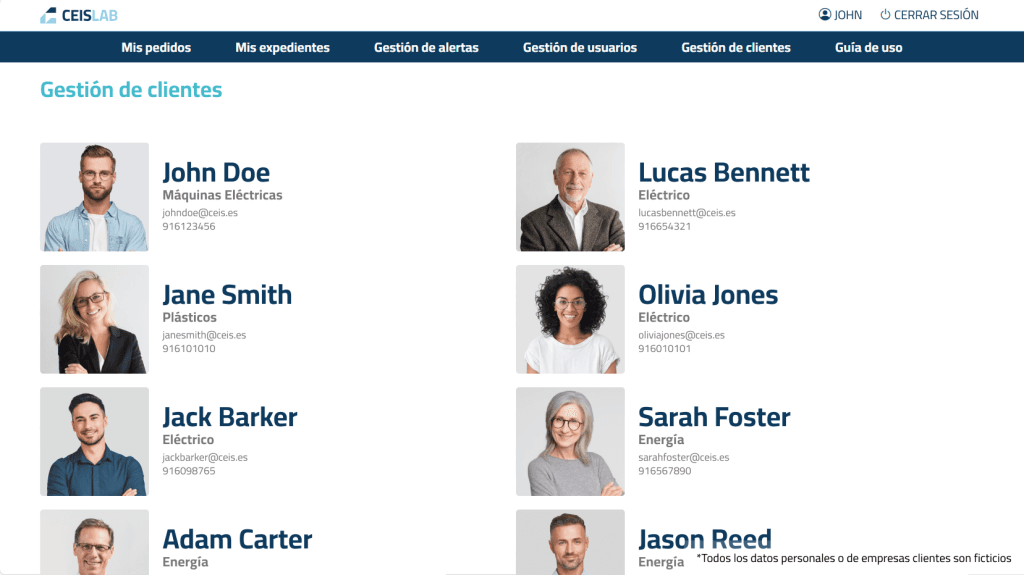 Client management section displaying user profiles with names, departments, emails, and phone numbers.
