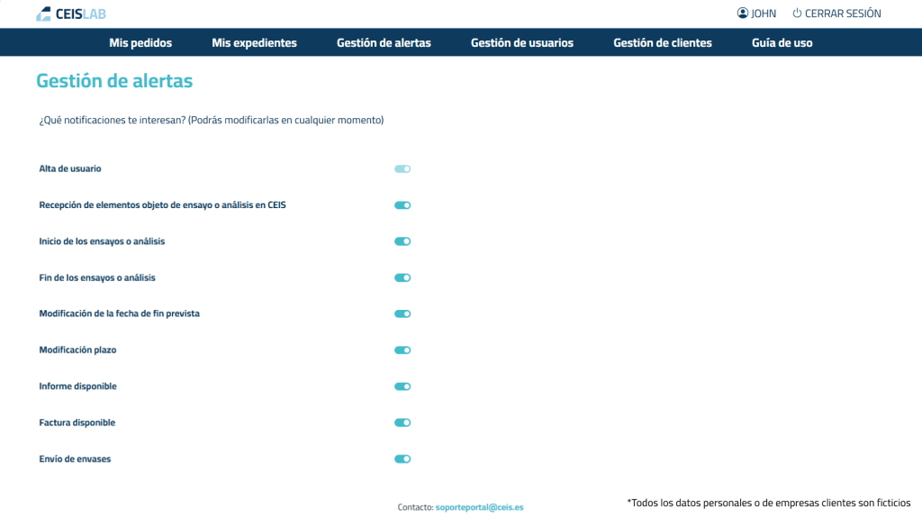 Alert management interface in CEISLAB's portal with selectable notification types for testing and analysis updates.