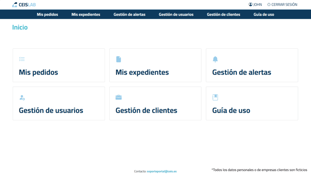 Homepage of CEISLAB's client portal showing navigation options for orders, alerts, users, and guides.