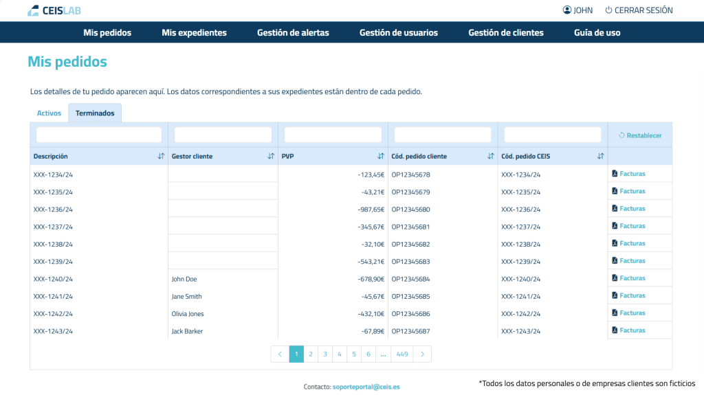 Order management page listing client orders, prices, and invoice access options in CEISLAB's portal.