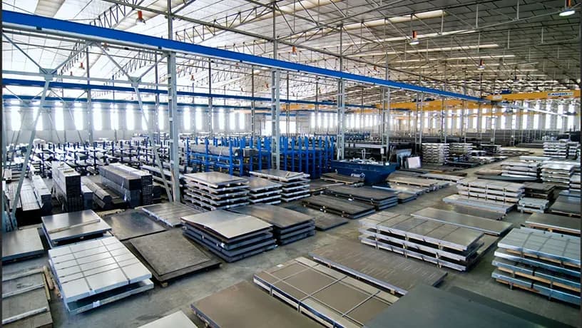 Large warehouse with organized stacks of metal sheets and profiles under natural light.