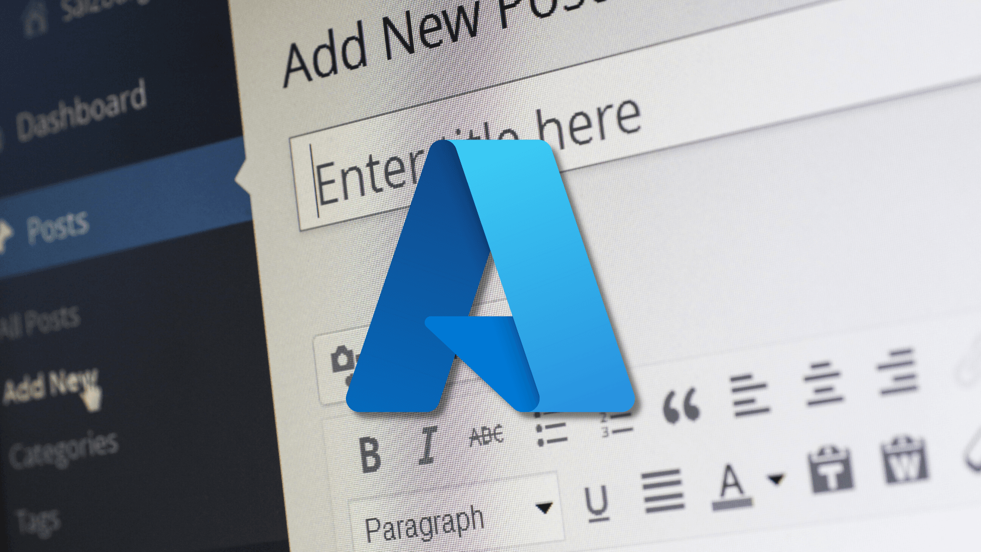 Close-up of the WordPress post editor interface with the Microsoft Azure logo, representing WordPress hosting on Azure.