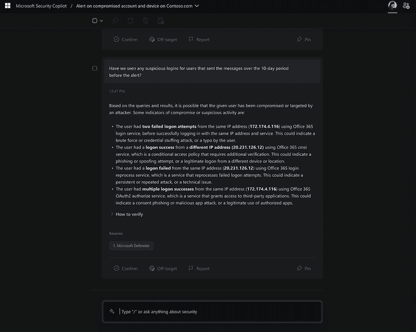 Microsoft Security Copilot dashboard listing suspicious login activities, including failed and successful logon attempts from multiple IP addresses.