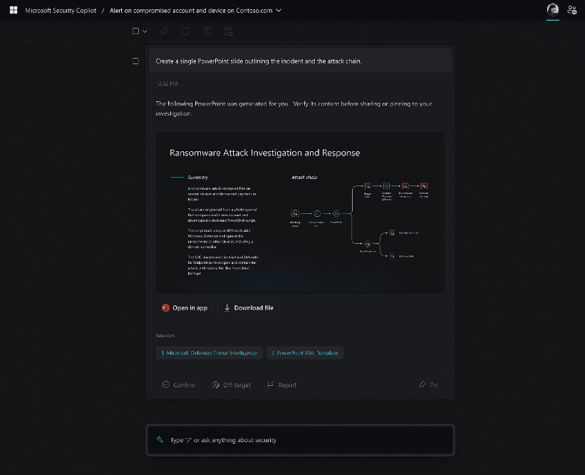 Generated PowerPoint slide summarizing a ransomware attack investigation with an attack chain diagram and key incident details.