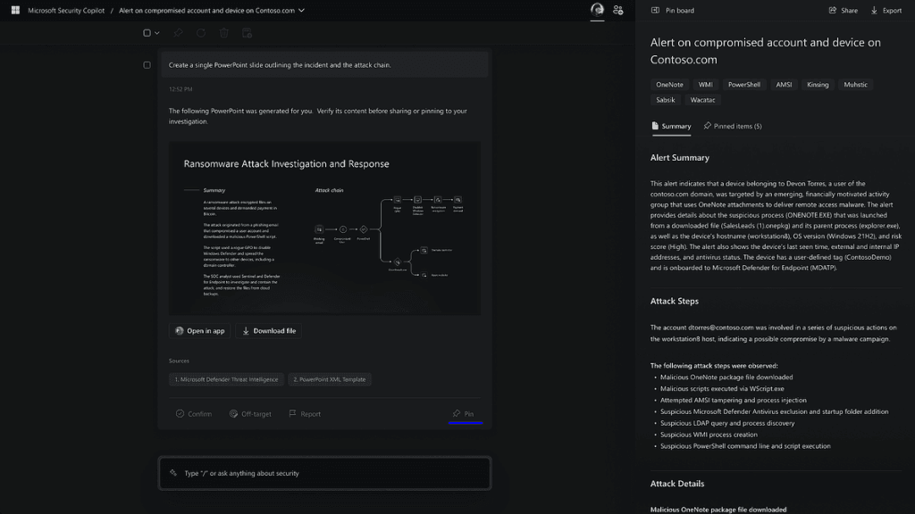 Microsoft Security Copilot alert summary for a compromised account, detailing attack steps like malicious OneDrive package download and PowerShell execution.