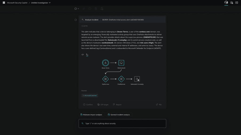 Microsoft Security Copilot interface showing incident analysis for a device, highlighting a suspicious OneDrive.exe process and related connections.