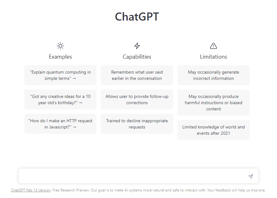 Screenshot of the ChatGPT interface showing examples, capabilities, and limitations of the AI model.