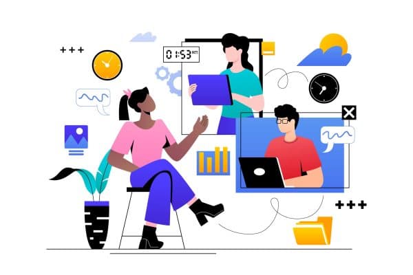 Illustration of three people collaborating in an office setting, surrounded by icons representing charts, folders, clocks, and communication, symbolizing efficient back-office operations for competitive advantage.