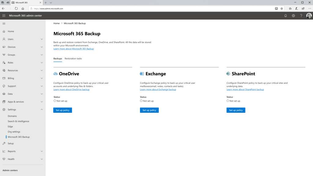 Screenshot of Microsoft 365 admin center showing backup policy setup options for OneDrive, Exchange, and SharePoint, all marked as 'Not set up'.