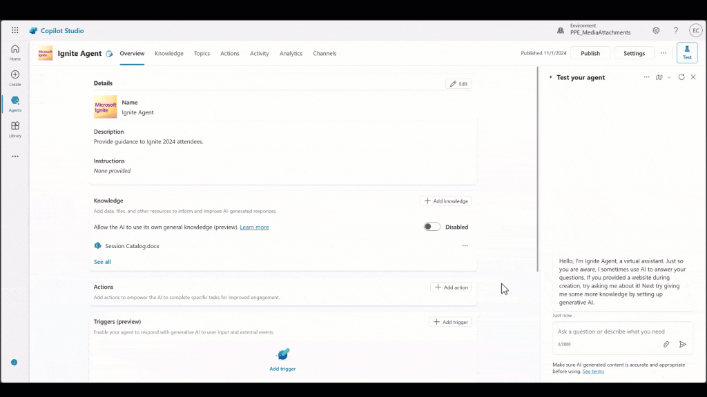 Copilot Studio interface displaying configuration details for a virtual agent named Ignite Agent, including knowledge, actions, triggers, and a chat window for testing.