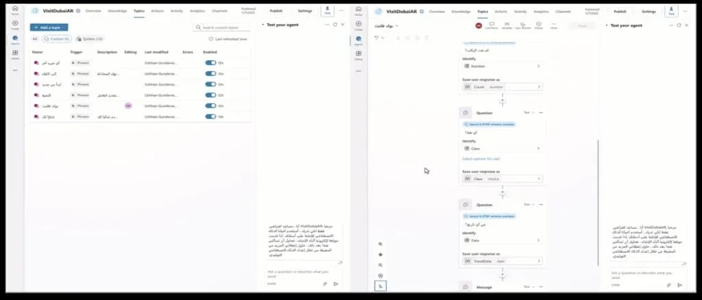 Copilot Studio interface showing multilingual configuration for the VisitDubaiAR project, with topic management and Arabic question-response setup.