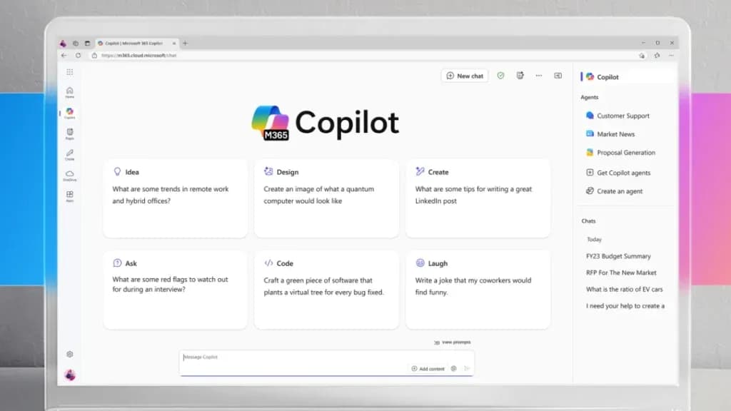 Close-up of the Copilot interface displaying task categories such as generating ideas, designing visuals, creating content, coding, and writing jokes.