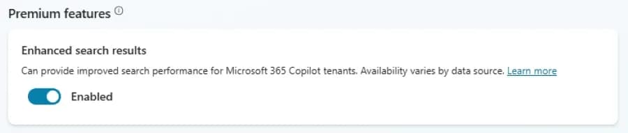 Copilot interface showing Premium features with Enhanced search results enabled for Microsoft 365 Copilot tenants.