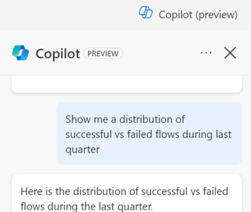 Copilot preview interface in Power Automate showing a user query about flow success distribution and a generated response with a chart.