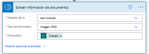 AI Builder interface for extracting data from JPEG-format taxi invoices using a custom model.